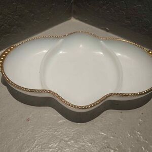Anxhor Hocking Fire King Divided Relish Tray or Dish Milk Glass and Gold Trim